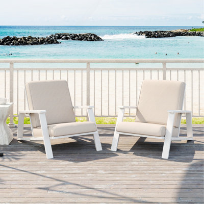 Ensemble de 2 chaises longues pour patio, fauteuil club d'extérieur avec coussin beige et structure en bois d'acacia blanc