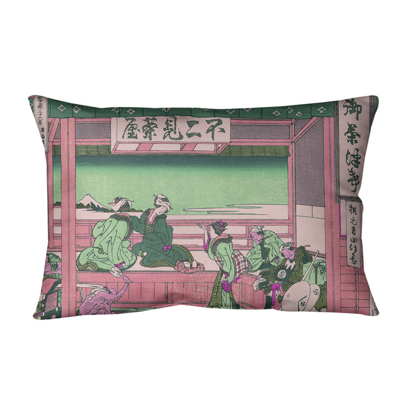 Coussin Katsushika Hokusai Yoshida at Tokaido, Rose / Vert, Faux lin