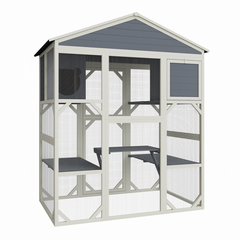 Enceinte d'extérieur pour chat en bois gris avec dessus imperméable, 3 plateformes et 2 cages pour animaux de compagnie