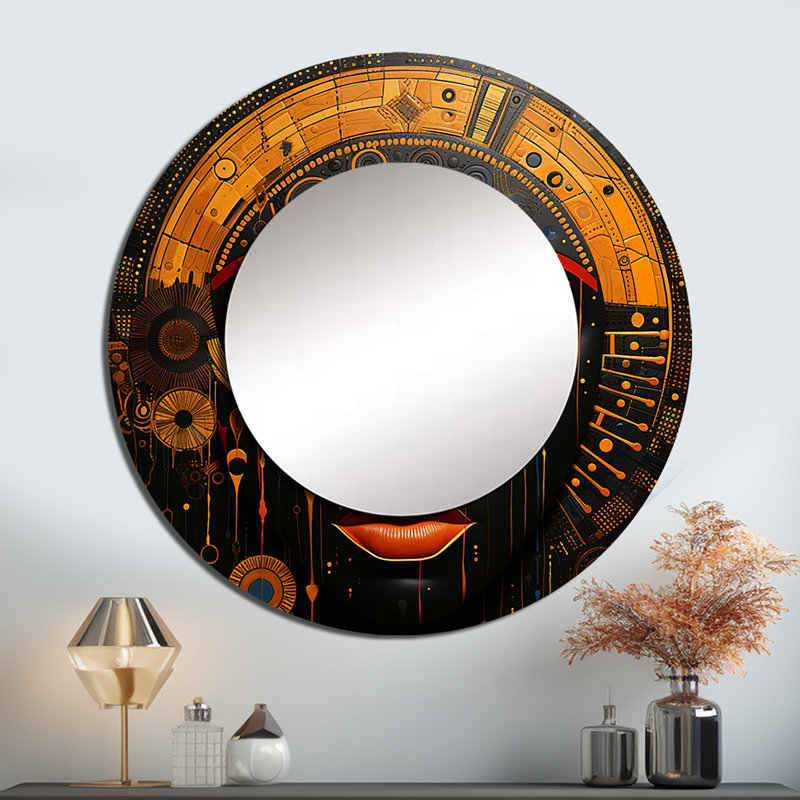 Schebel, tribu africaine, motifs sacrés V - miroir décoratif tribal africain, miroir mural rond orange, impression d'art en métal