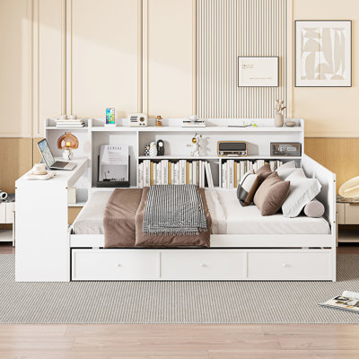 Lit de jour pleine grandeur en bois blanc - 3 tiroirs et prises de courant pour commodité avec bureau blanc, tiroirs, fabrication en pin