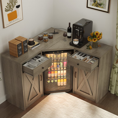 Functional Corner Bar Cabinet with Fridge Space, Charging Station, Adjustable Shelves, White Barn Doors, for Living Room & Dining Room