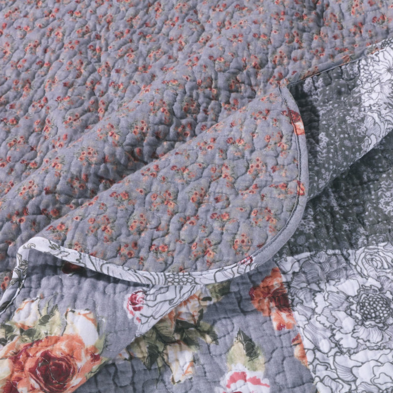 Floral Patchwork Gray and White Microfiber Quilt Set
