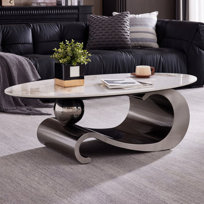 49.2" Modern Oval Faux Marble Coffee Table with Metal Base, Luxury Living Room Furniture for Home Decor, Scratch-Resistant & Easy Assembly