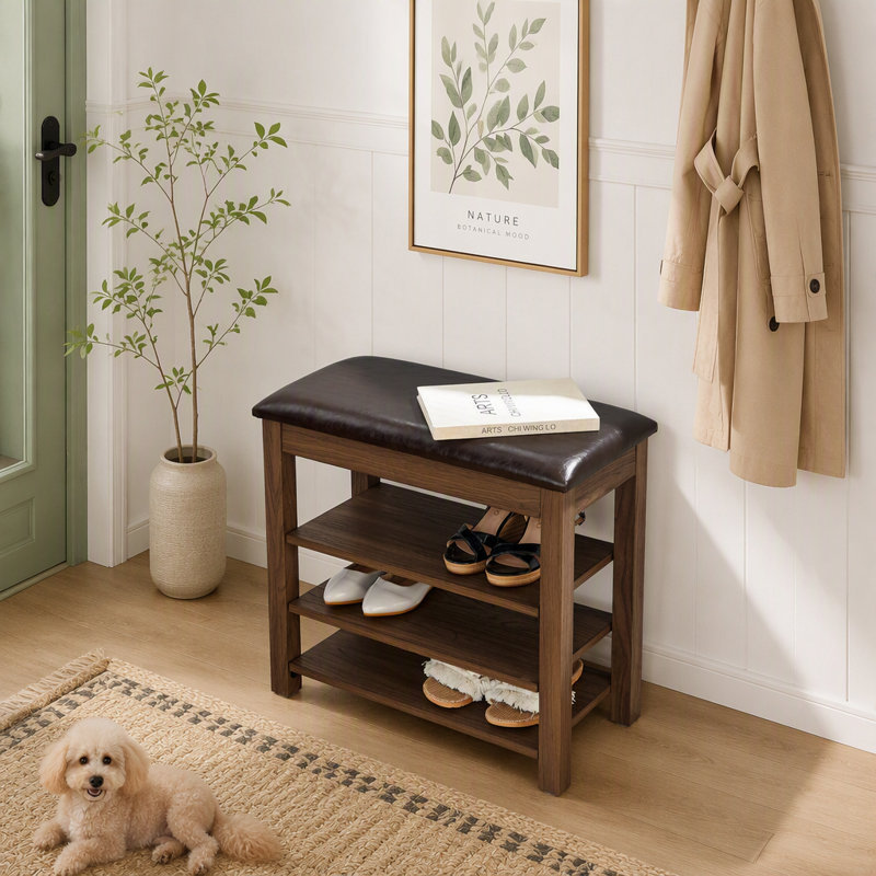 Banc à chaussures en bois réglable en hauteur avec rangement dissimulé et siège confortable en cuir PU, idéal pour les petits appartements