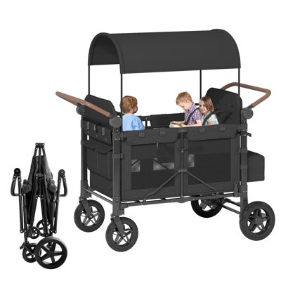 51 Inch Large-sized Foldable Stroller Wagon for 4  Kids, Collapsible Premium All Terrain Wagon With Storage Bag &  Removable Sun-proof Canopy, Adjustable Handle & 5-point Harnesses For Travel, Beach, Camping