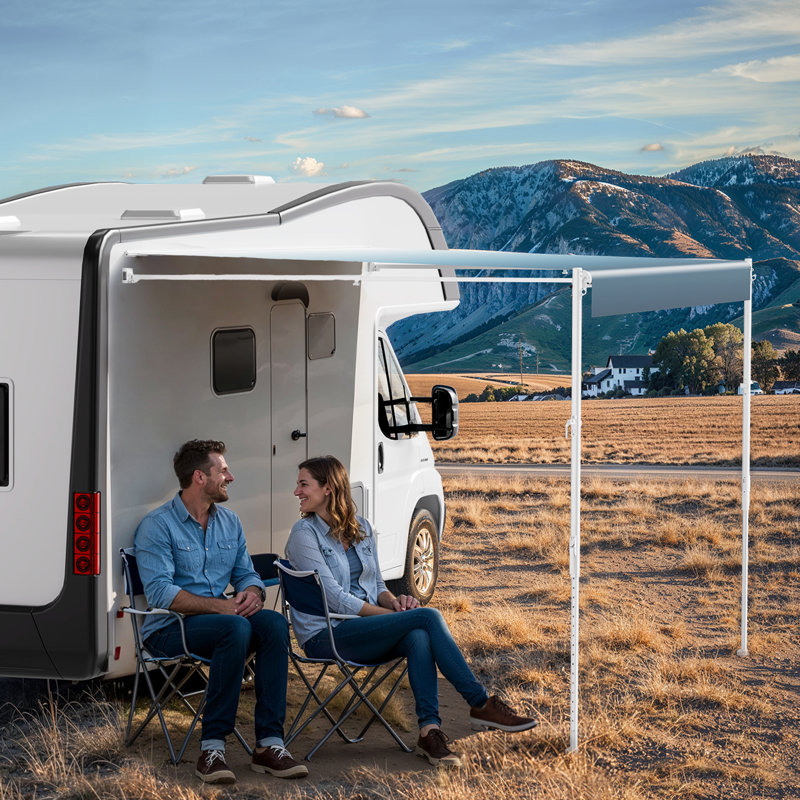 20' RV Replacement Awning Manual Trailer Awning for Most DC12V RVs, 67" H x 244.2" W x 94.5" D, Blue/White