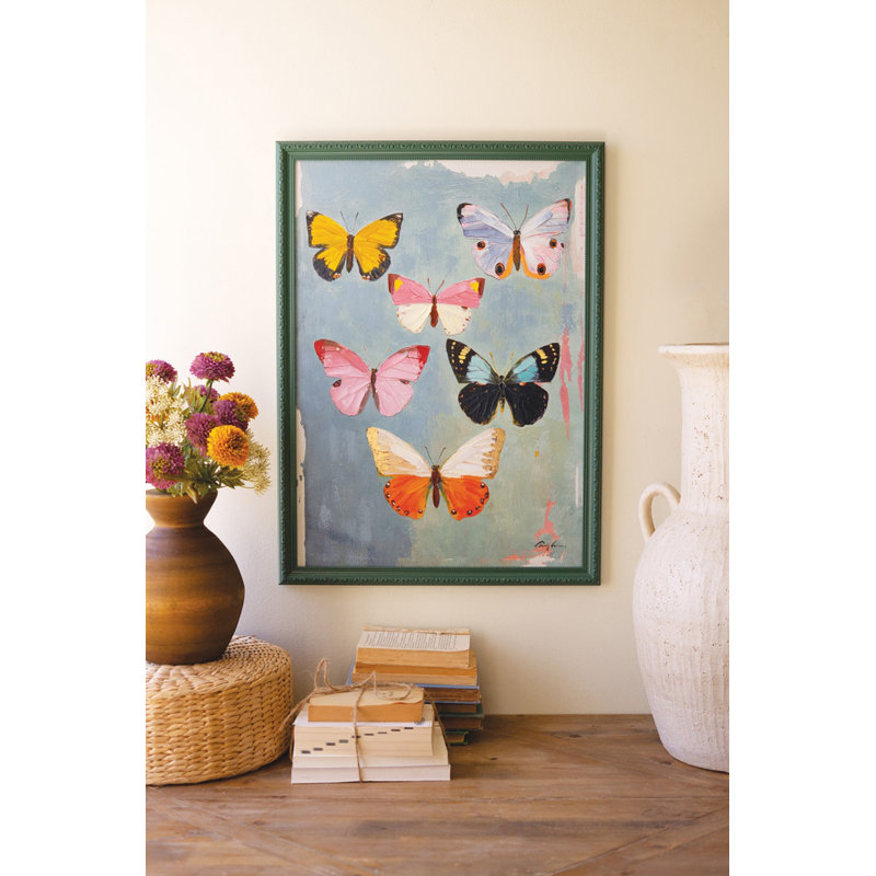  Wood Framed Canvas Painting Butterfly Decorative Wall Accent For Spa Or Bathroom Natural Finish