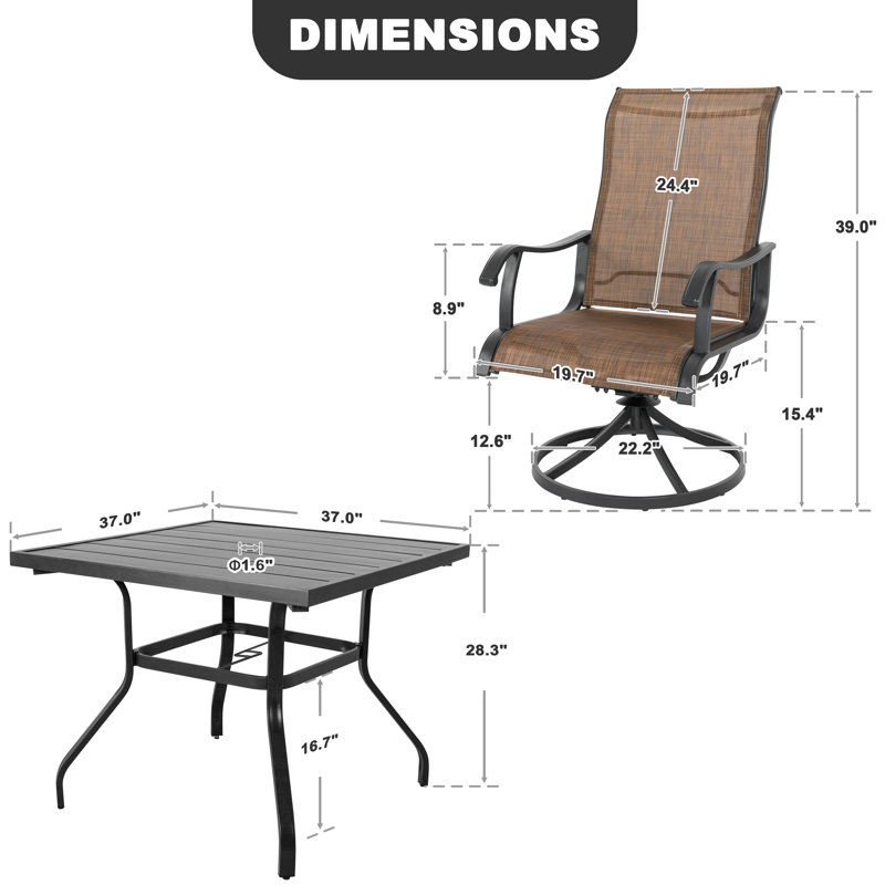 5-Piece Patio Iron Dining Set with Textilene Swivel Chairs, Brown and Black, 4, Square