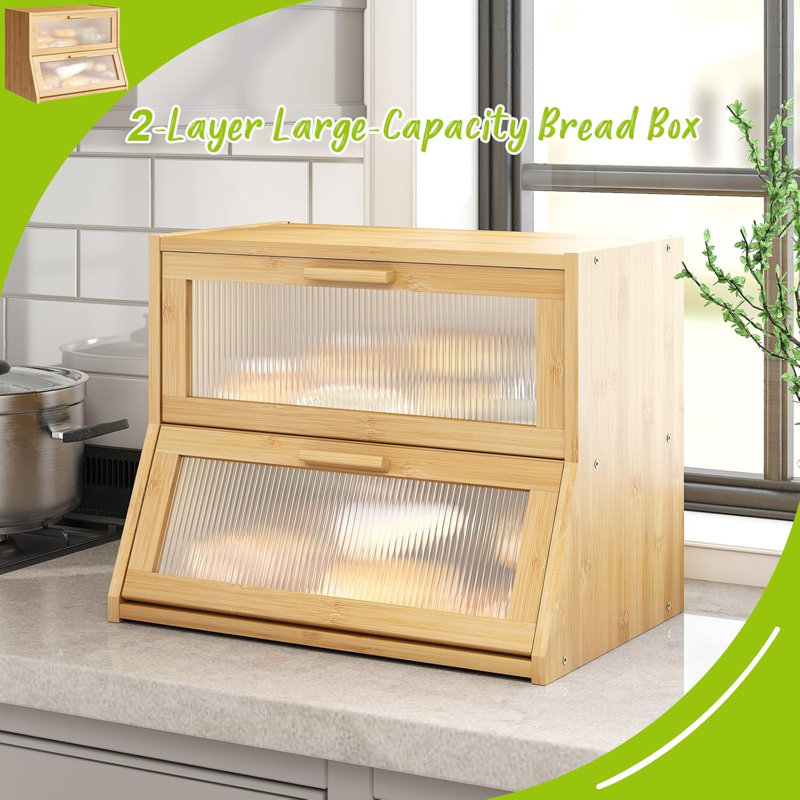 Large Natural Bamboo Double Layer Bread Box with Acrylic Doors