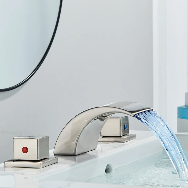 Brushed Nickle 8-Inch Widespread Bathroom Faucet with LED Light and Waterfall Spout, 3-Hole Modern Vanity Sink Faucet with 2 Knobs