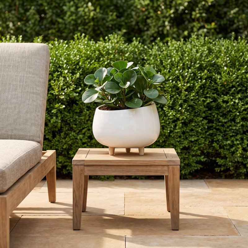 Round Ceramic Planter with Wood Feet, 7.68" H x 12.4" W x 12.4" D