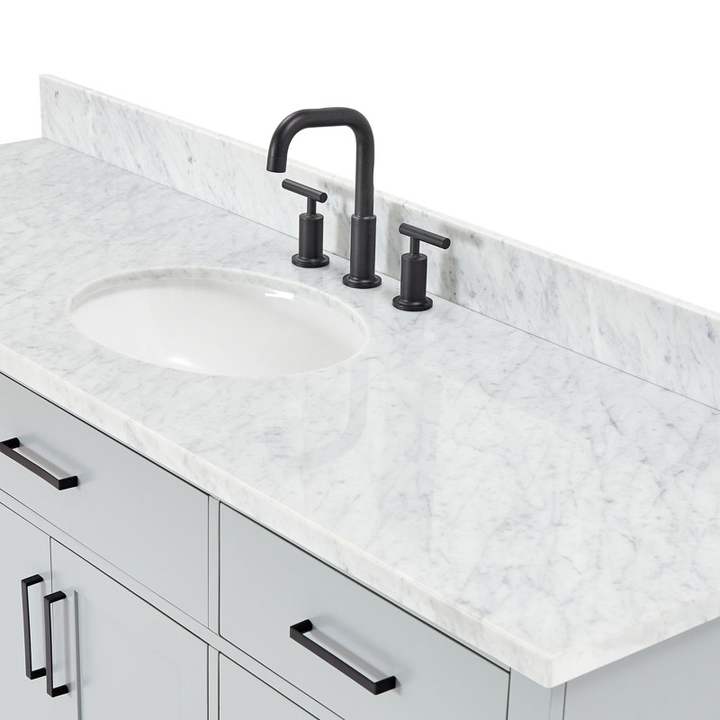 Jameal Solid Wood Single Bathroom Vanity with 0.75'' Carrara Marble Top, Gray, Oval
