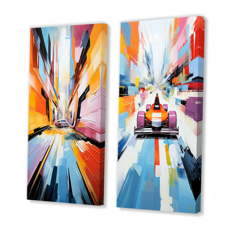 Coloré cubisme 24 heures Le Man Race Track I - ensemble de 2 impressions sur toile, Toile tendue, H 32 po x l 33 po