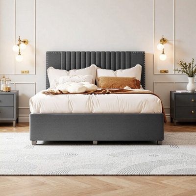 Lit plateforme tapissier pleine grandeur avec 2 tiroirs de rangement et lit gigogne simple, tête de lit classique en lin gris, conception peu encombrante