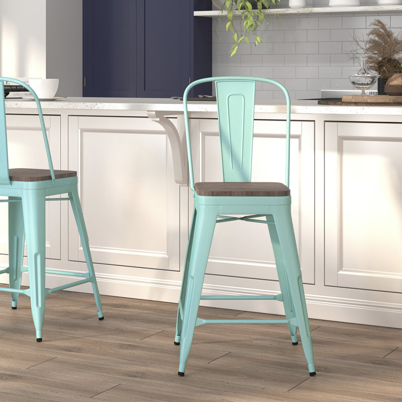 Tabouret de bar ou de comptoir en métal Marian avec dossier et siège en bois Marian, Vert menthe, 1
