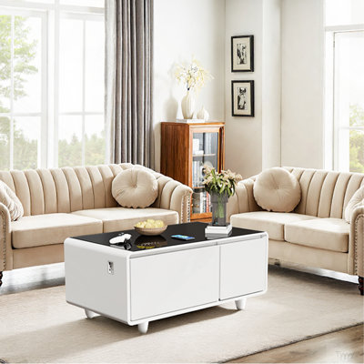 Modern Smart Coffee Table With Built-In Fridge And Freezer Drawers, Bluetooth Speaker, Wireless Charging, Touch Control Panel, USB Interface, Outlet Protection, Atmosphere Light