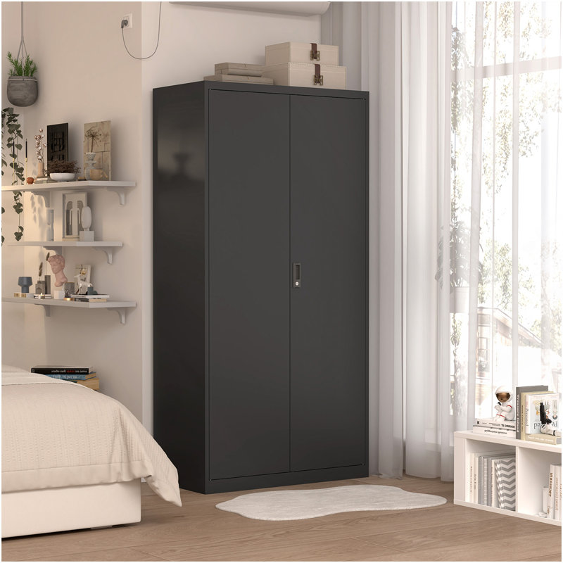 Black Metal Large-Capacity Wardrobe With Hanging Rod And Compartments, Lockable Closet With Locks & Keys, Steel Construction, Waterproof & Fireproof, Suitable For Bedroom, Living Room And Laundry Room