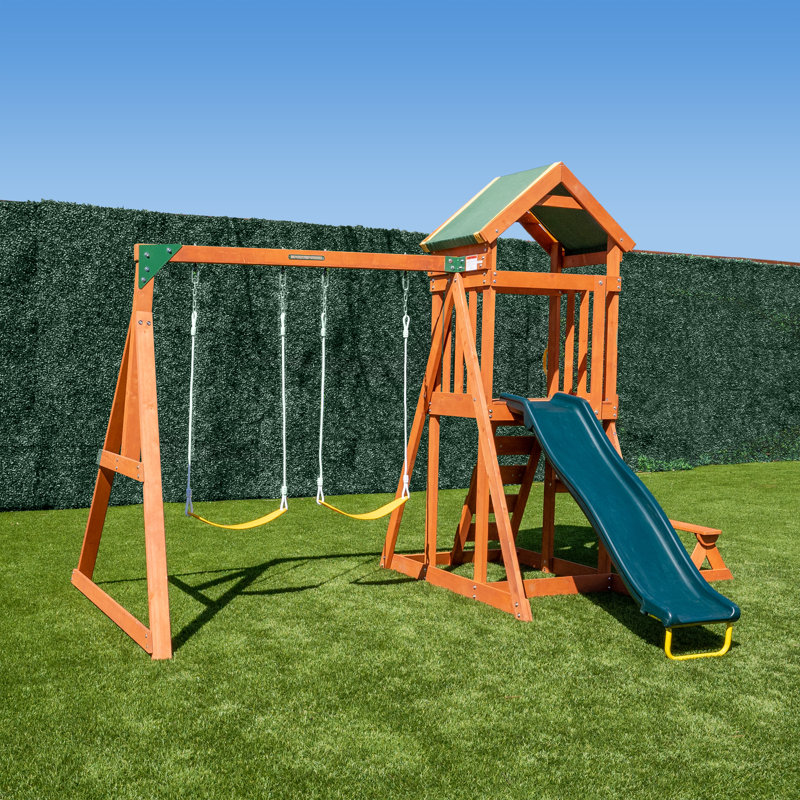 Scottsdale Brown Wood Outdoor Swing Set with Slide and Fort