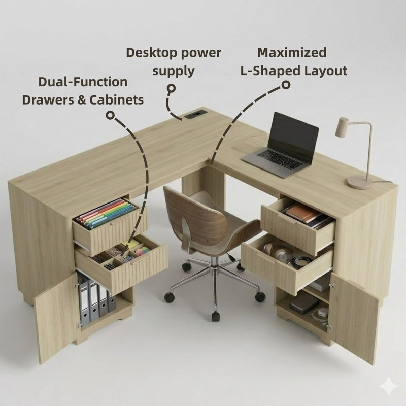 60"W L-Shaped Desk With 2 USB Ports and 3 Power Ports, Storage, Oak