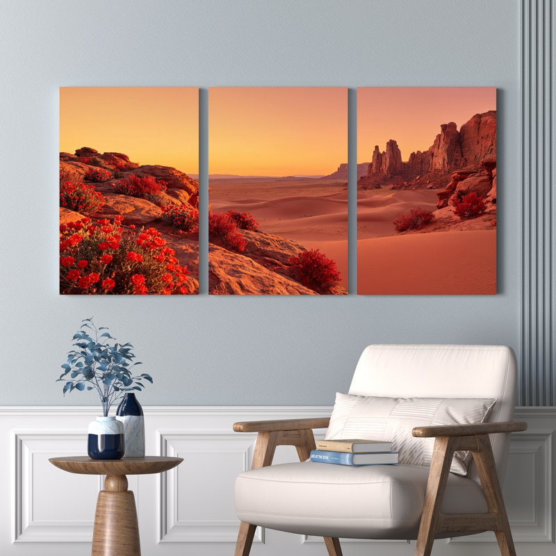 Ensemble de 3 tableaux sur toile tendue représentant un paysage désertique avec des fleurs rouges et des formations rocheuses
