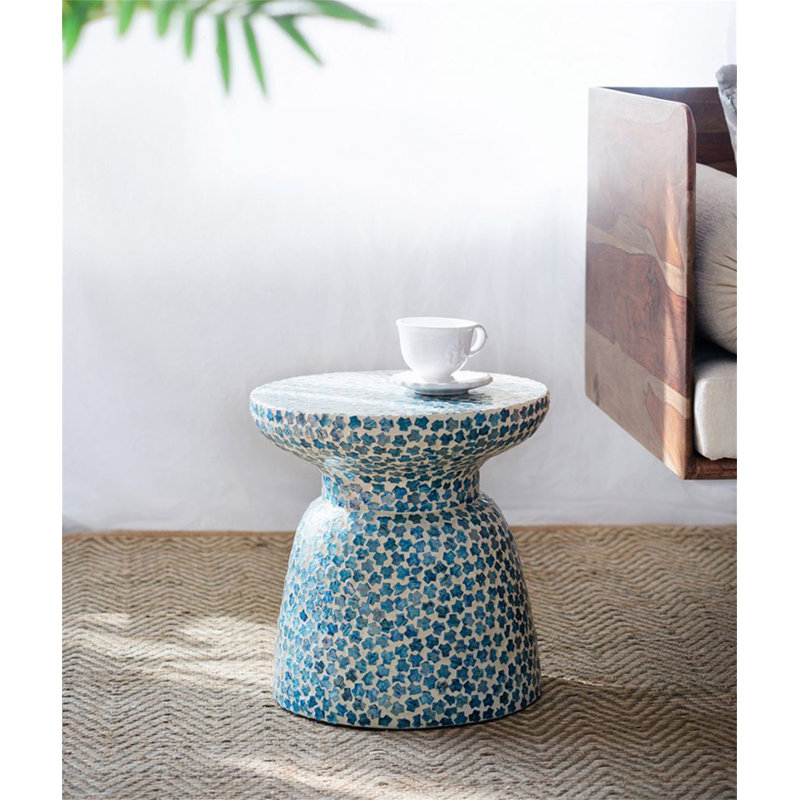 D15x16" Capiz Garden Stool Small Side Tabel, Blue Accent Round End Table