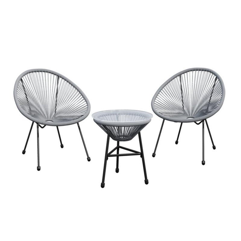 3-Piece Acapulco Wicker Patio Bistro Set With 2 Chairs & Glass Table, Gray