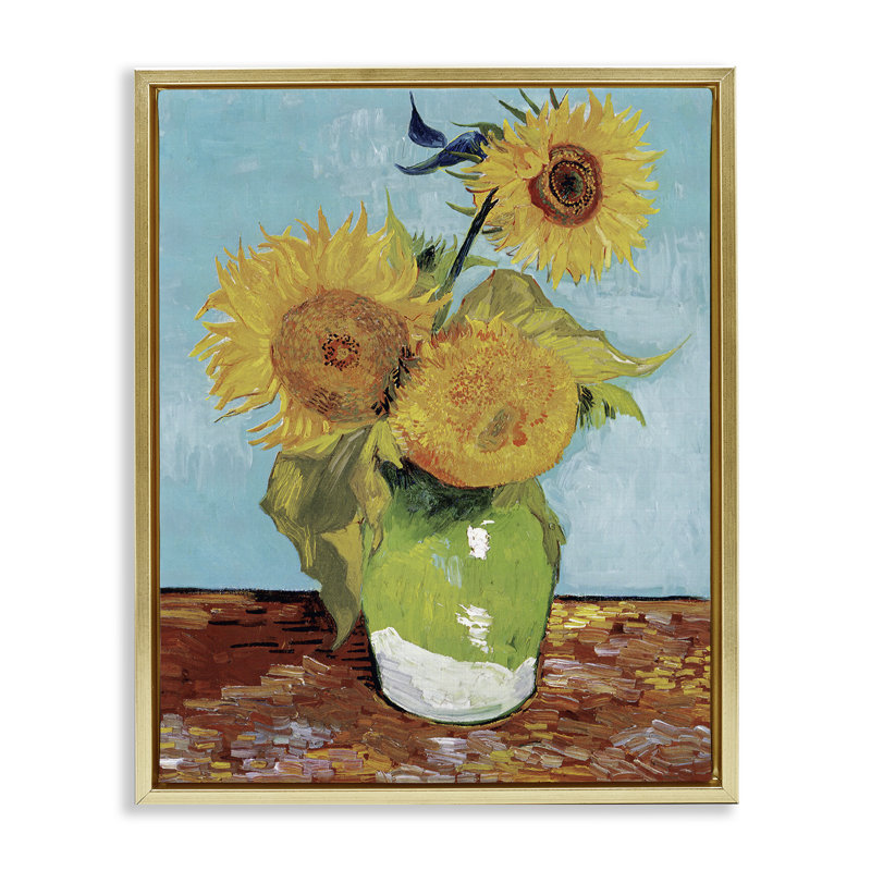 «Van Gogh Sunflowers», art mural encadré flottant par Andrea Haase, H 31 po x l 25 po, Cadre flottant métallique doré