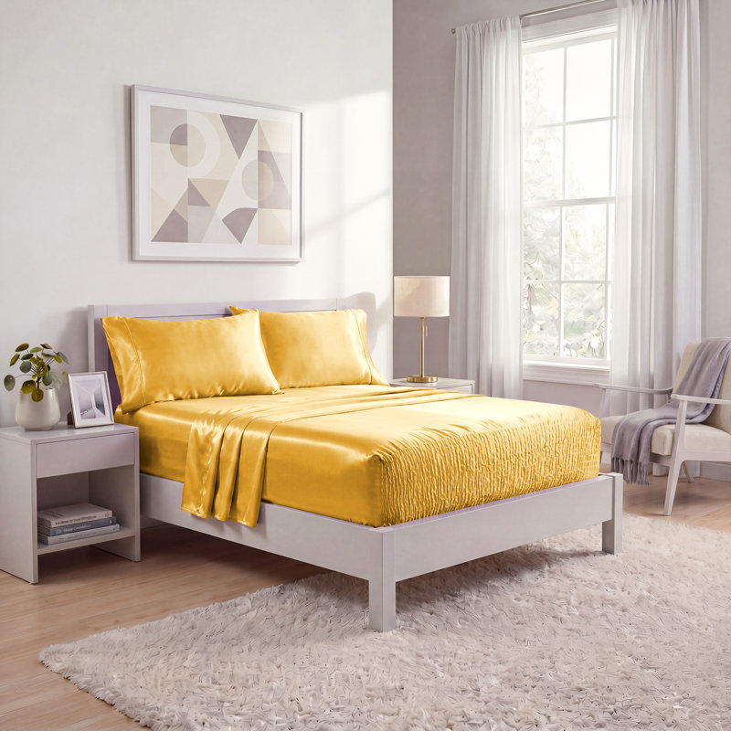 BedTite 4PC Silky Smooth Satin Sheet Set - Ultra Elastic Fits 7" to 20" mattresses, Full Sheet Set with 2 Pillowcases, Gold