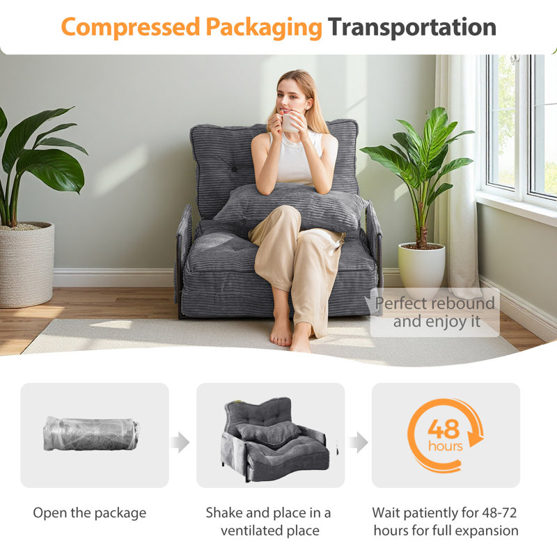 Canapé Bean Bag, Velours côtelé gris foncé, H 25,6 po x l 30 po x P 25,6 po