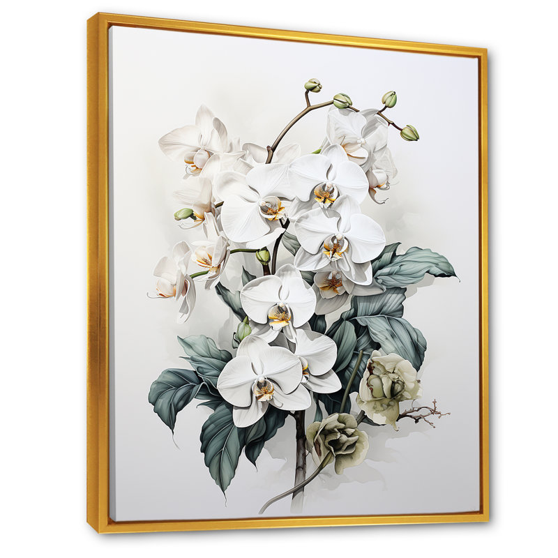 Orchidée noire et blanche sur fond de tranquillité, H 32 po x l 24 po x P 1 po, Cadre flottant doré