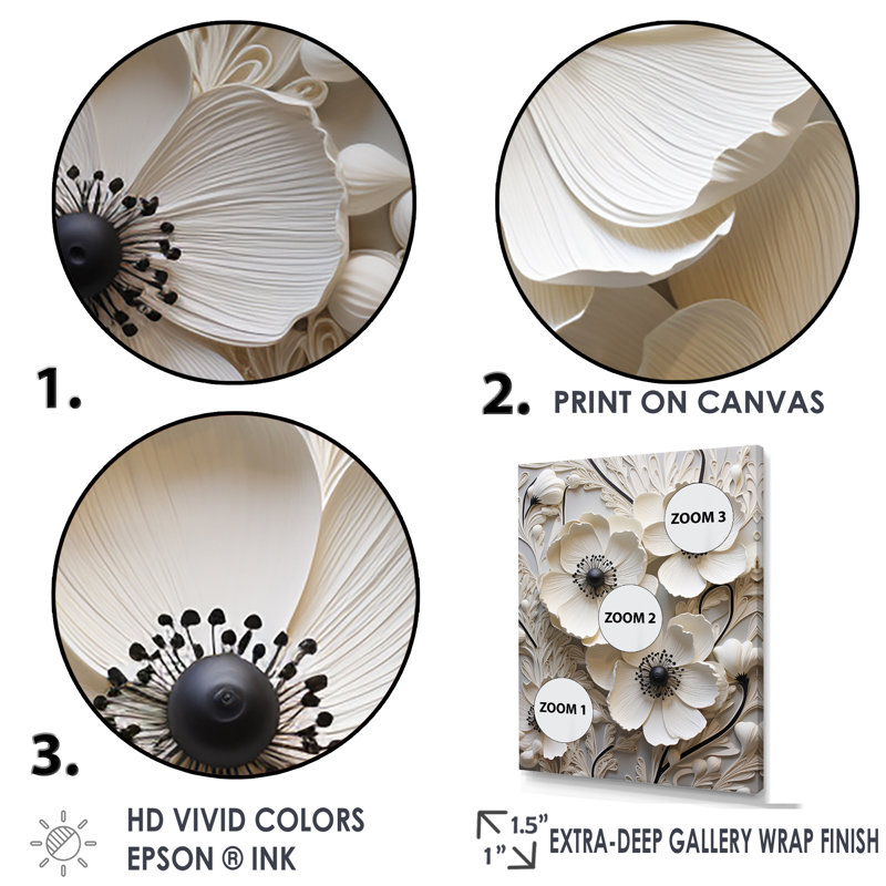 Décoration murale blanche renoncules blancs sur beige II - renoncules, H 40 po x l 30 po x P 1,5 po, Cadre doré simple