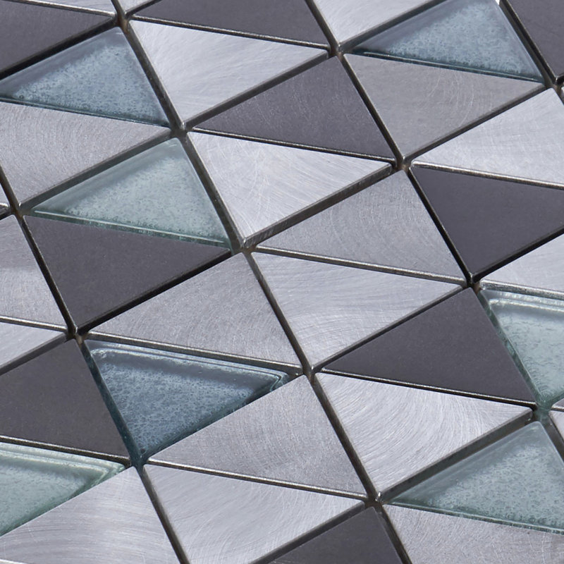 Black Gray Modern Pattern Metal Aluminum Crystal Glass Blended Triangle Mosaic Sheet Tile By Modket, Gray/Metallic