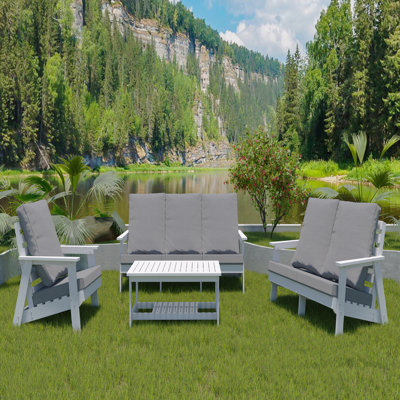 Causeuse avec coussin, canapé de jardin extérieur grain de bois, blanc / gris