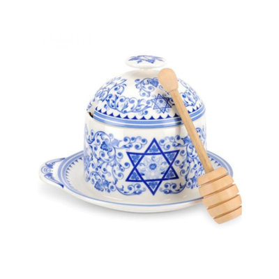 Spode Judaica Honey Pot with Drizzler - BlueWhite, Set of 3