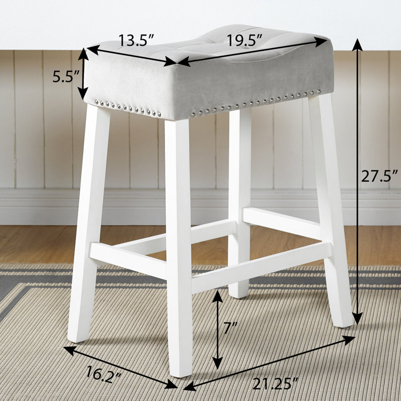 Ensemble de 2 tabourets de bar, siège en velours gris, fini blanchi, structure en bois massif., Gris, Grey, Grey