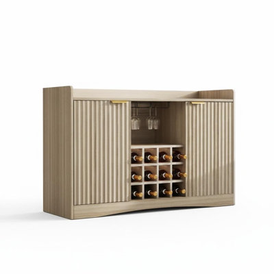 Armoire à vin de 47 po avec support à vin pour 12 bouteilles et 9 porte-verres, armoire à cannelures moderne avec rangement, buffet pour salle à manger, salon, bar personnel, bois naturel