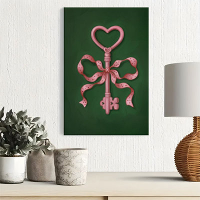 1pc Framed Canvas Wall Art Prints Poster, Heart-shaped key, polka dot ribbon, vintage romantic style Art Posters Canvas Print Painting for Living Room