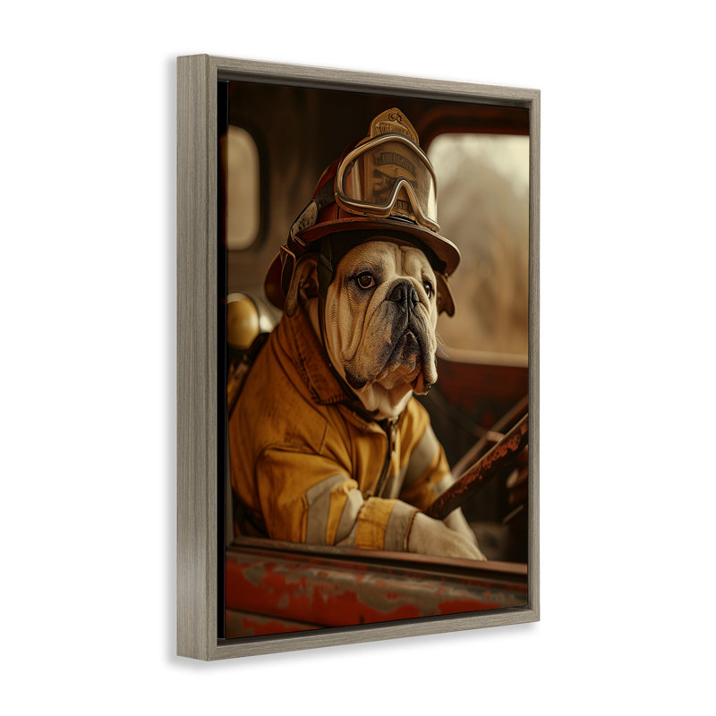 «Rustic Bulldog Fireman», art mural encadré flottant noir par Ray Heere, Cadre flottant orme Montalcino, H 21 po x l 17 po