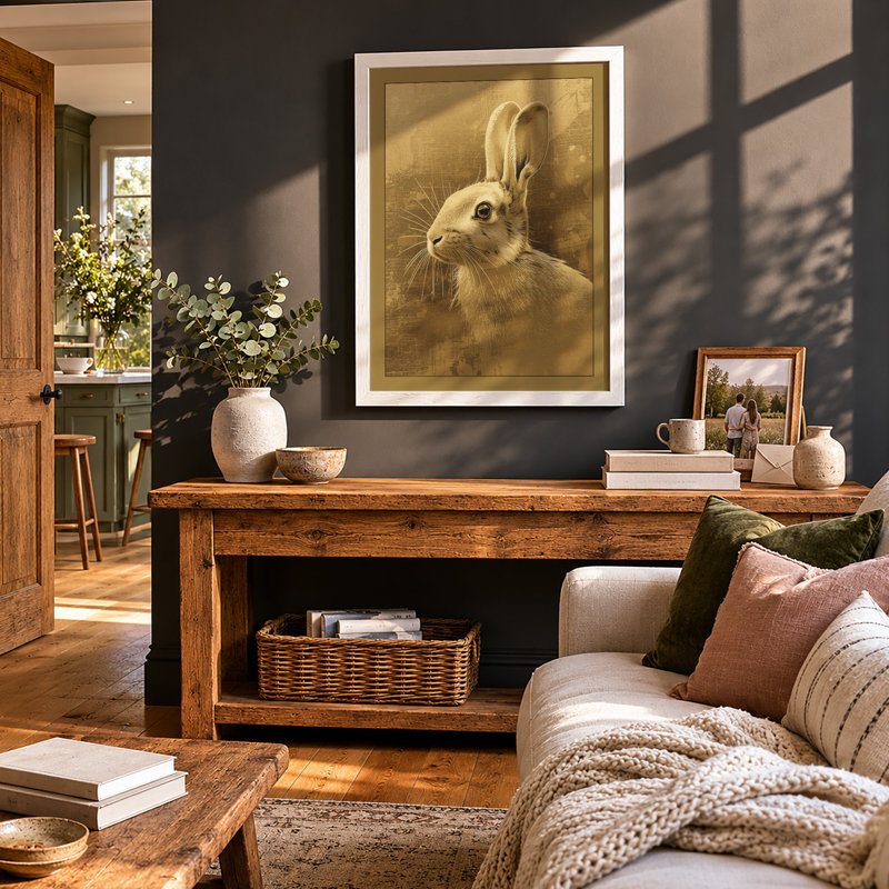 Rabbit in Profile Boho - Framed Print, A3 - 42.0 x 29.7 cm, White