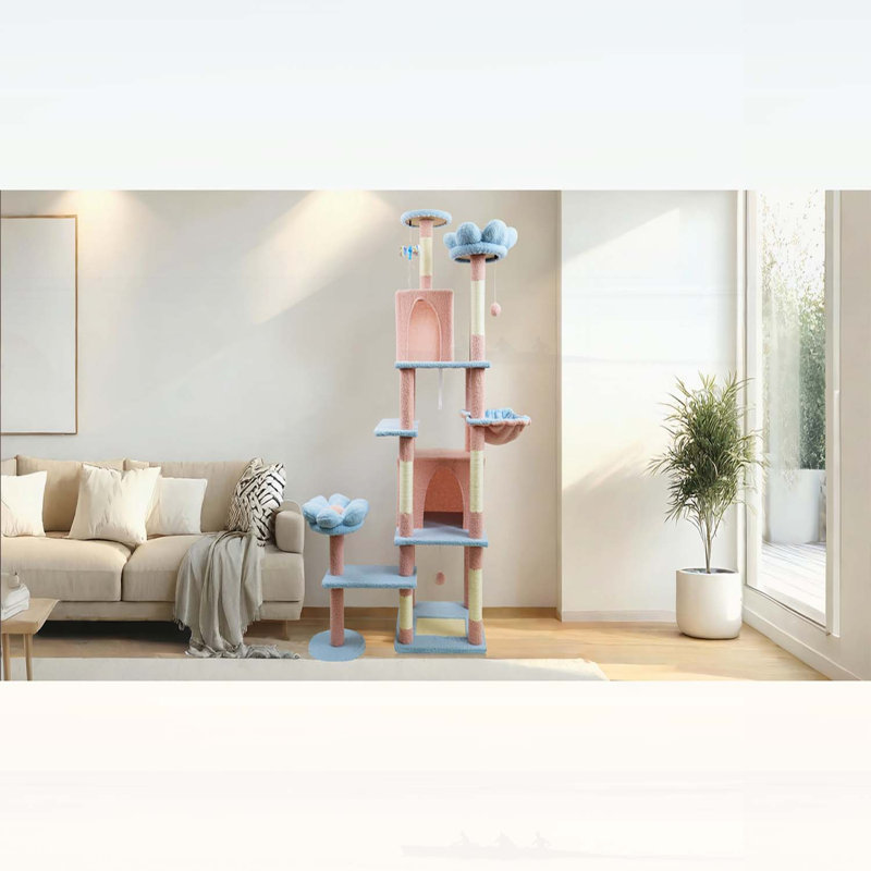 Arbre à chat 71 pouces avec grande maisonnette, coussin amovible et hamac pour grands chats, Bleu