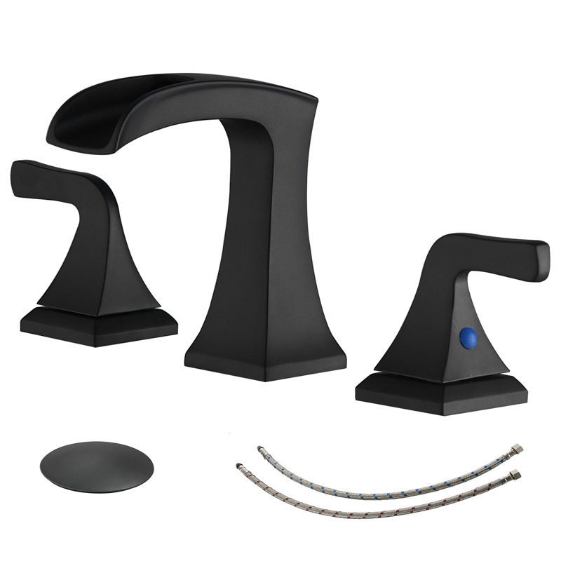 8 po Robinet de lavabo de salle de bain à 2 poignées à large cascade, Noir mat