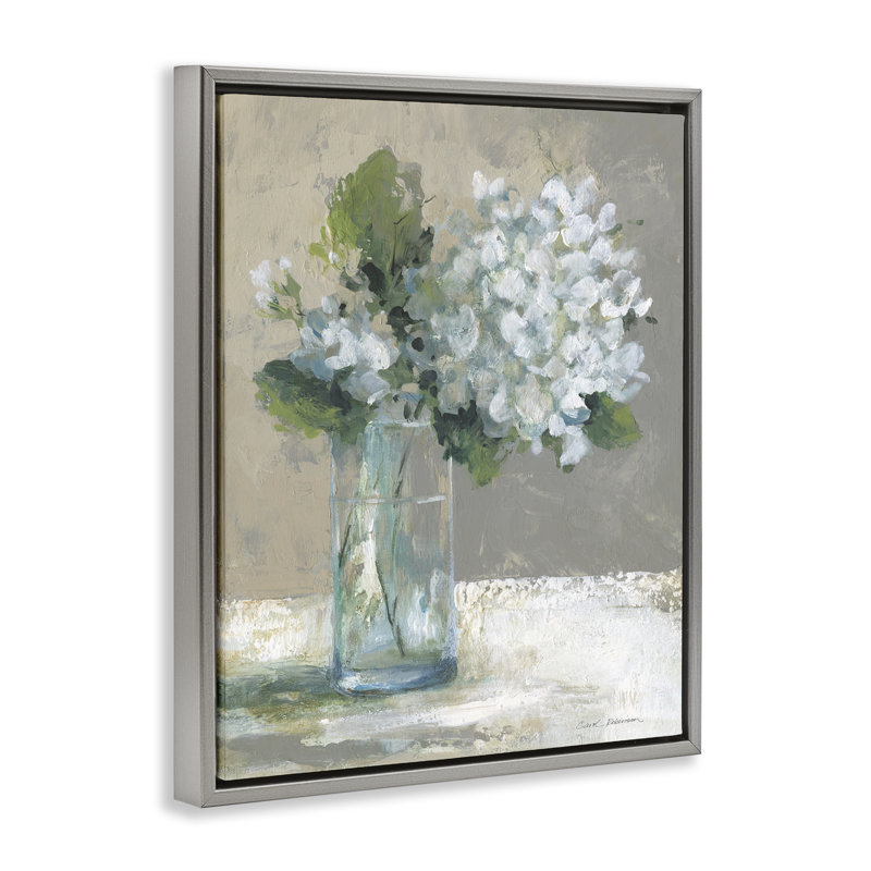 Hortensias blancs sereins dans un cadre flottant en verre, design par Carol Robinson, Cadre flottant gris lustré