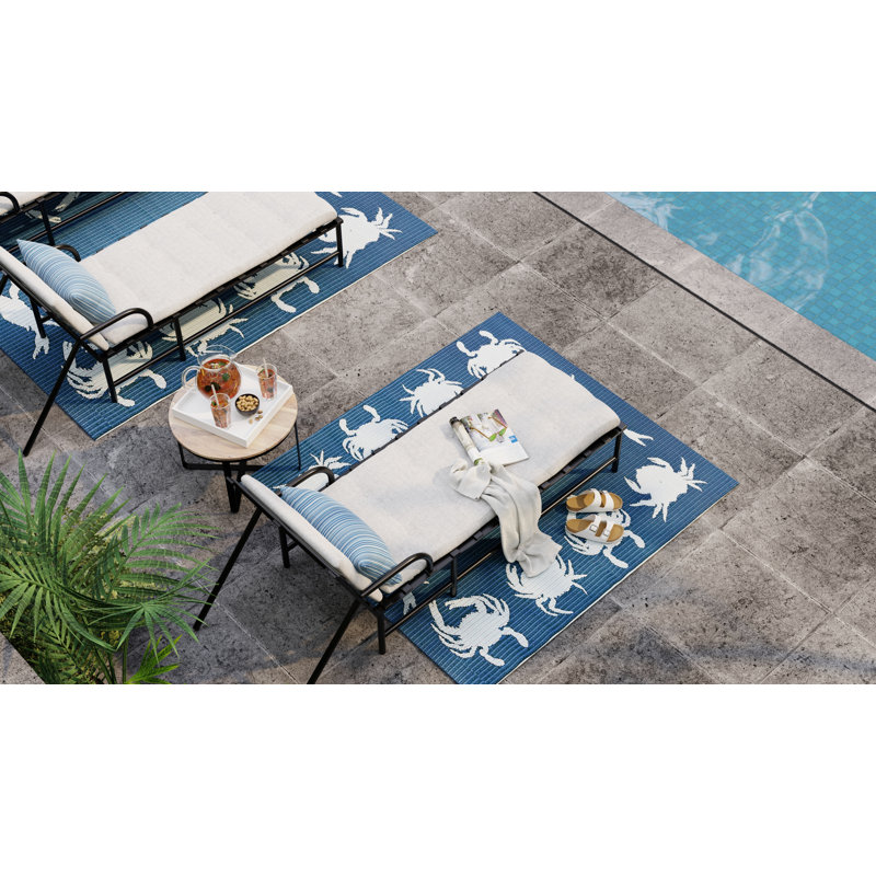 Tapis d'extérieur crabe, bleu et bleu sarcelle, tapis réversible pour patio, porche, terrasse, tapis de sol