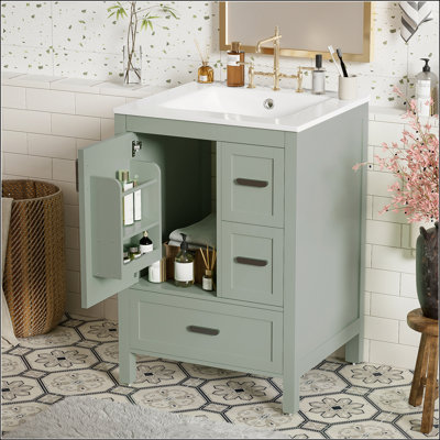 Modern 24-inch Bathroom Vanity with Ceramic Sink, Soft-Close Door, Double-Layer Door Shelf, and 3 Drawers
