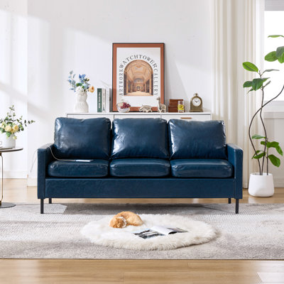 72"W Faux Leather 3-Seater Sofa With USB Port