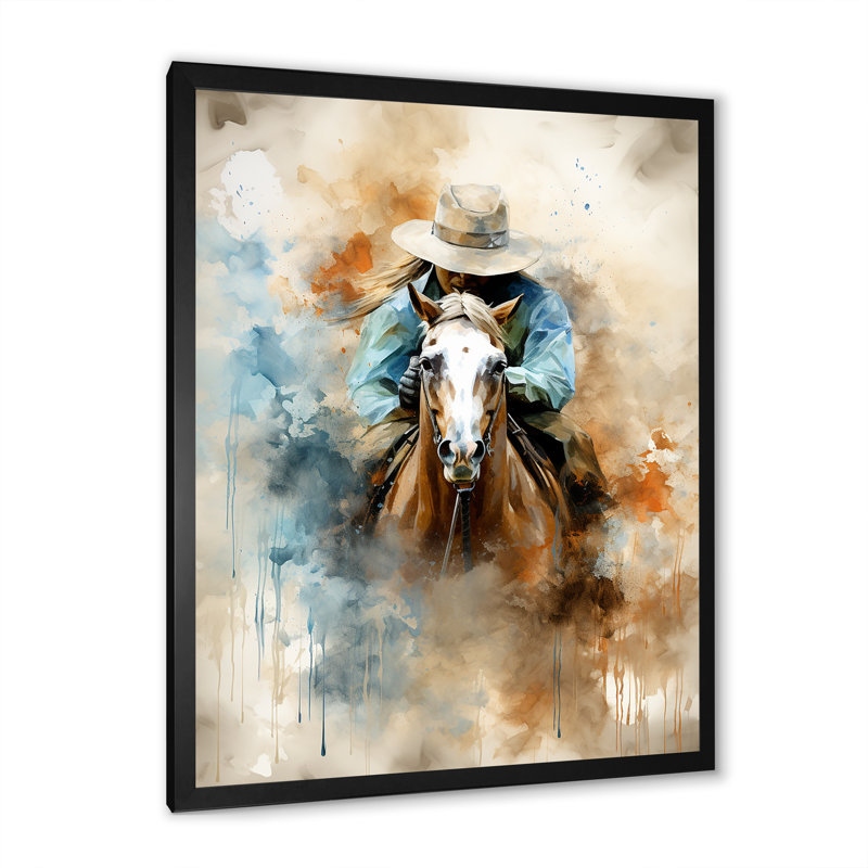 «Cowboys avec cheval» - art mural Cowboys, H 40 po x l 30 po x P 1,5 po, Cadre photo noir