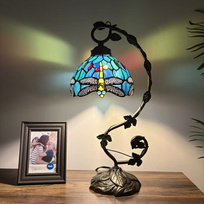 Lampe de table Copemish Tiffany avec libellule en verre teinté et ampoules DEL en fer 11 po x P 8 po x H 21 po