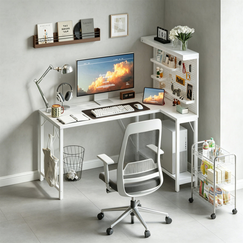 L Shaped Gaming Desk with Pegboard Hutch, White