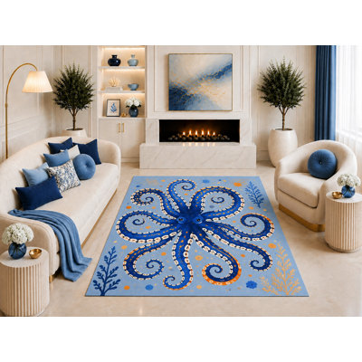 Tapis « Ultra Léger » 152 x 213 cm, motif pieuvre bleue, décor fantaisiste inspiré de l'océan et des coraux, pour salon, chambre ou maison de plage. Dos en silicone antidérapant.